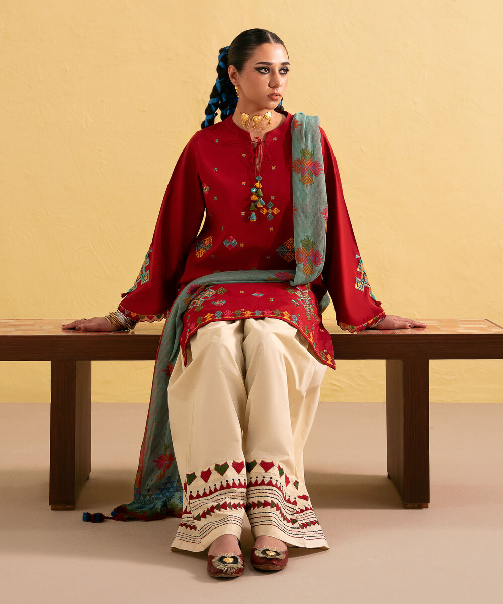 Women's Unstitched Lawn Embroidered Red Two Piece Suit