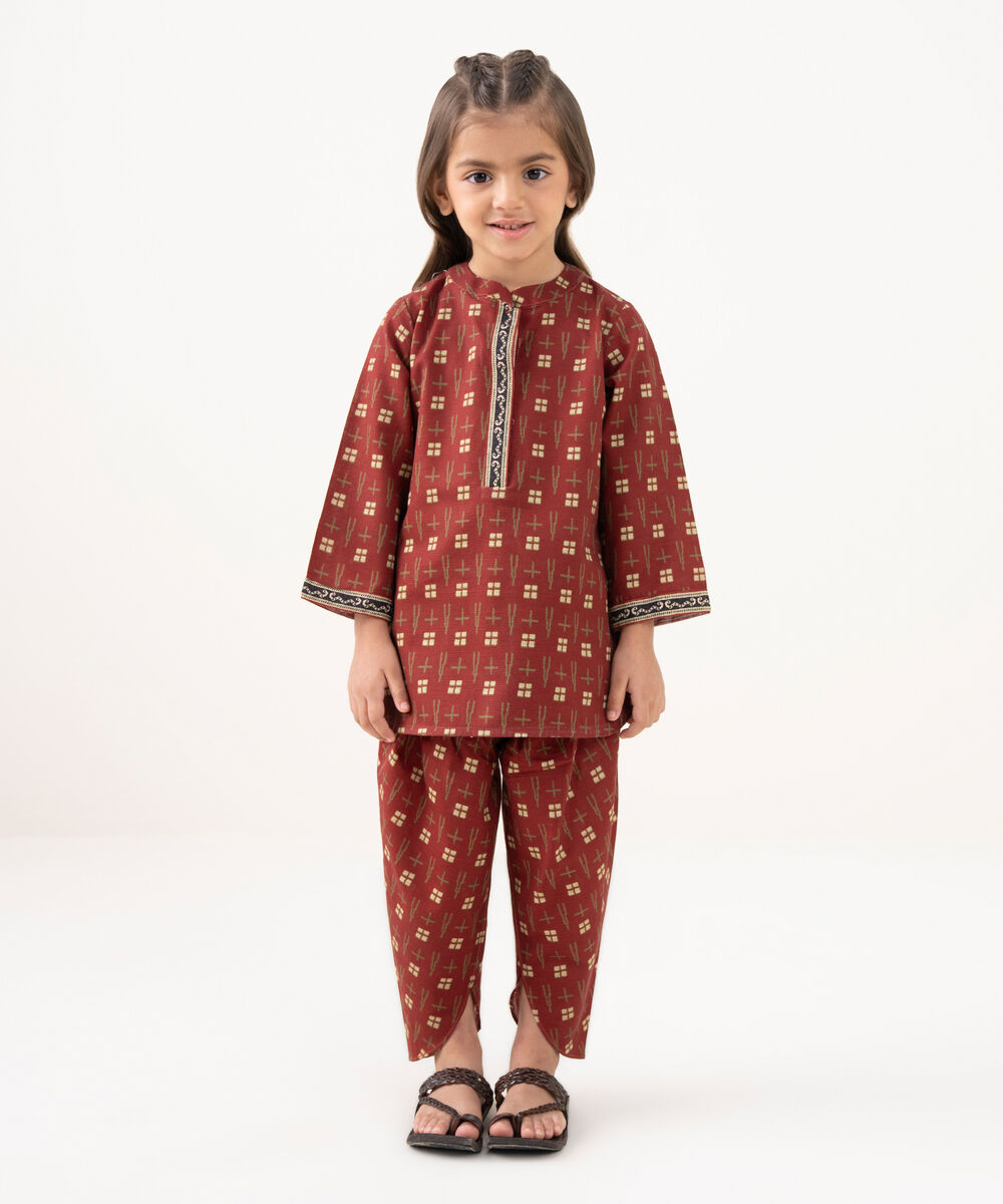 Girl's Light Khaddar Printed Maroon 2 Piece Suit