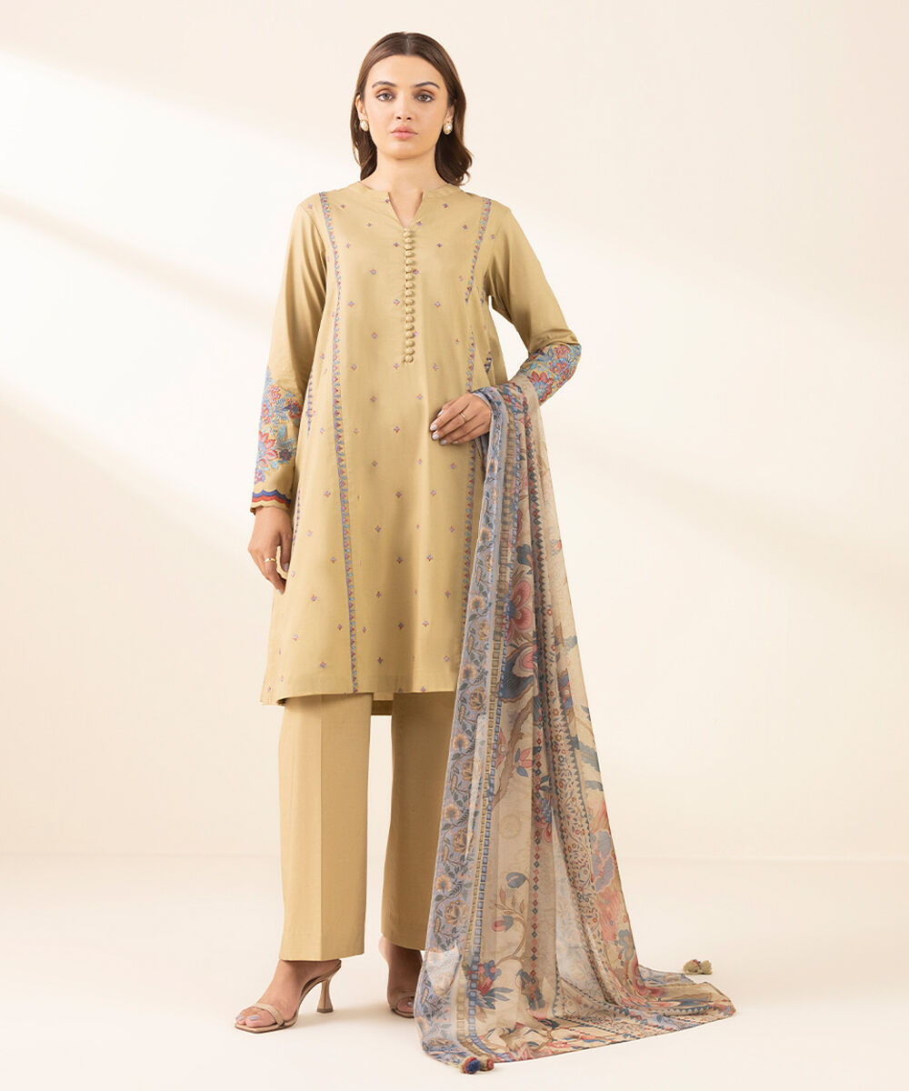 Unstitched Women's Beige Textured Lawn Shirt Dupatta