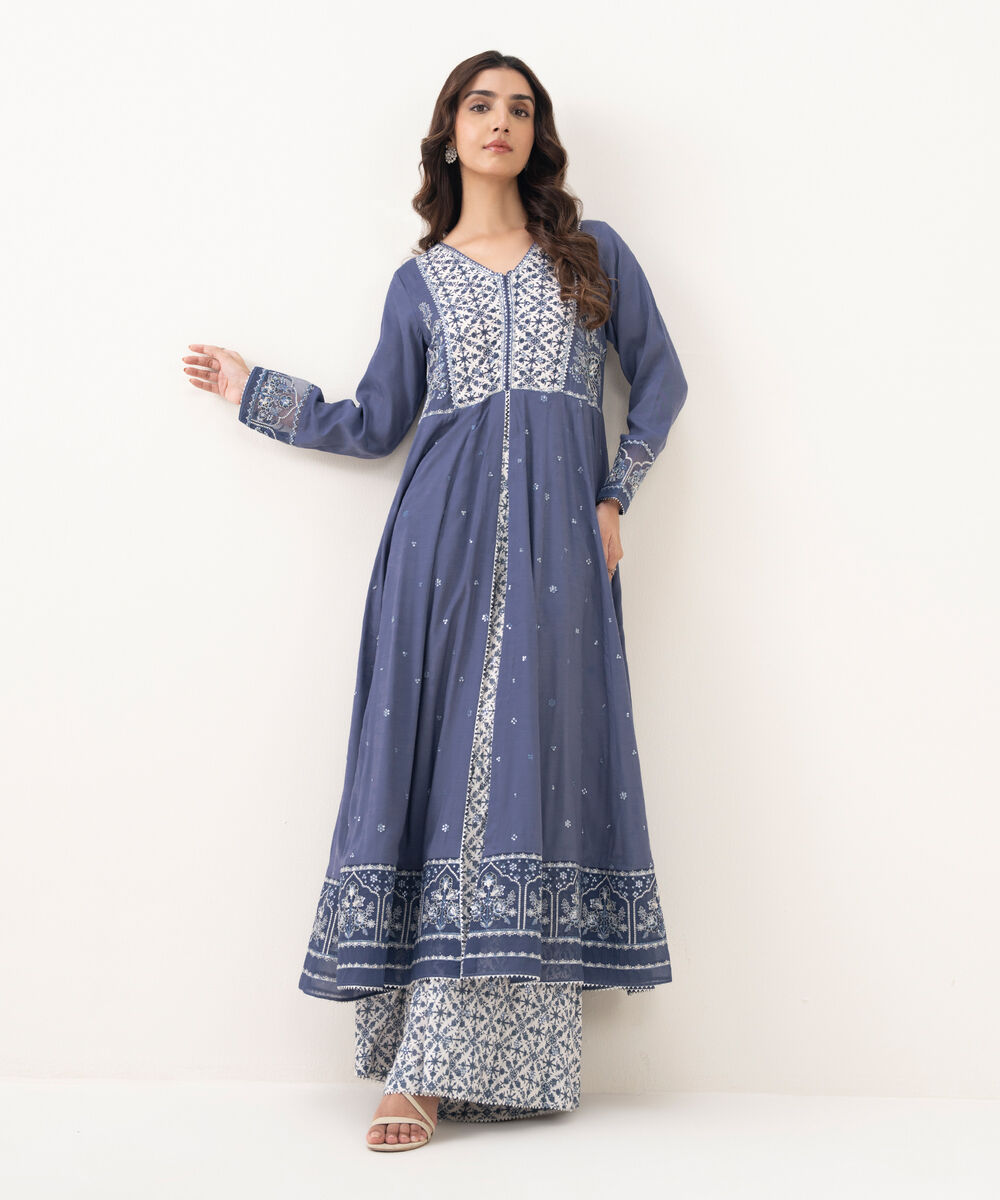 Women's RTW Viscose Raw Silk Embroidered A-Line Blue Shirt