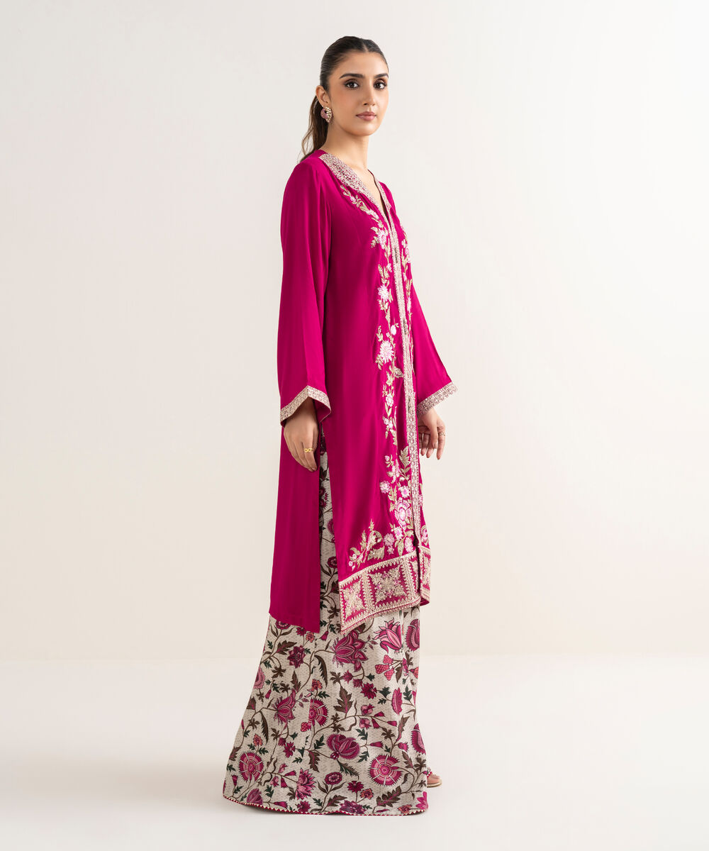 Women's RTW Viscose Raw Silk Pink Embroidered A-Line Shirt