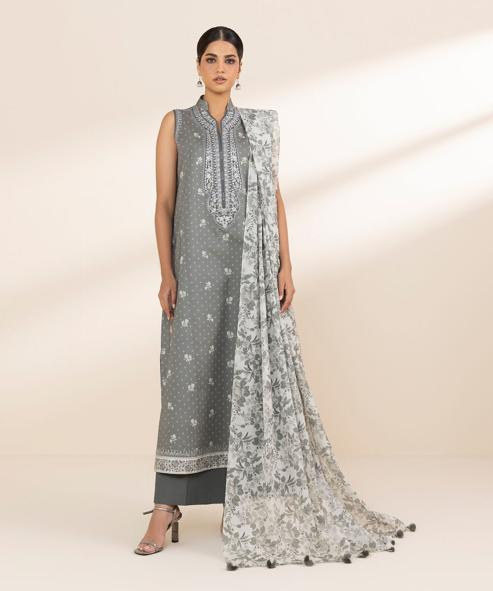 Women's Unstitched Lawn Embroidered Grey 2 Piece Suit