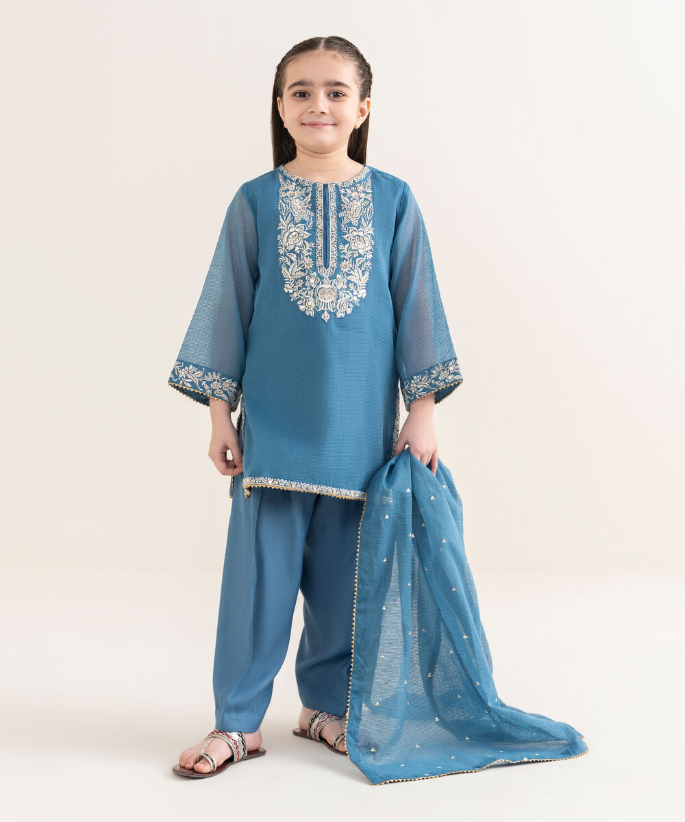 Girl's Blended Textured Karandi Embroidered Blue Three Piece Suit