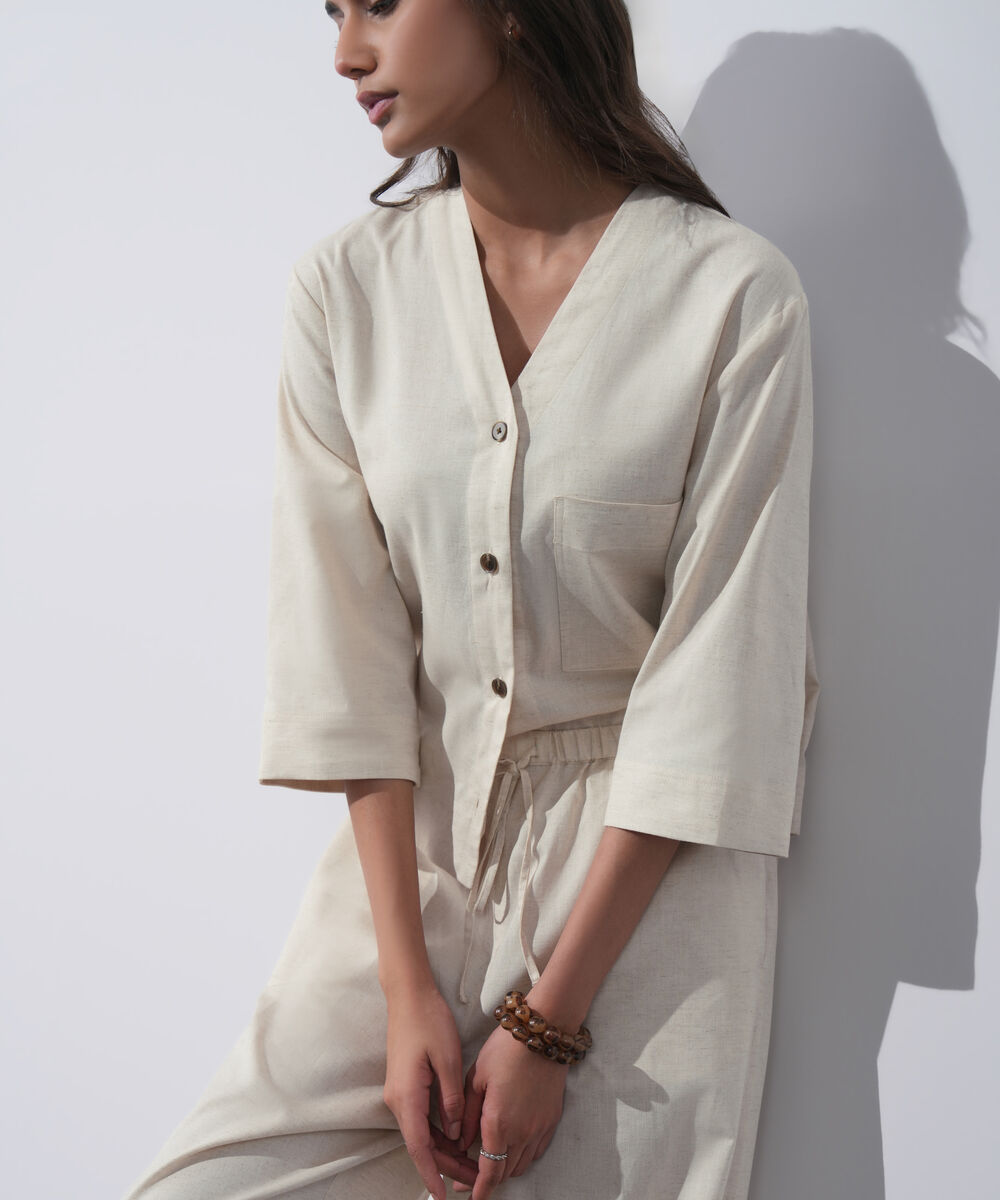 Women's Western Wear Beige V-Neck Linen Blend Shirt