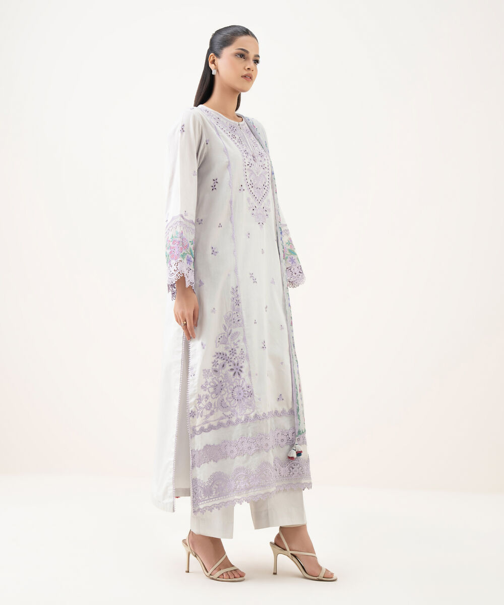 Women's Unstitched Fine Cotton Satin Embroidered Purple 3 Piece Suit