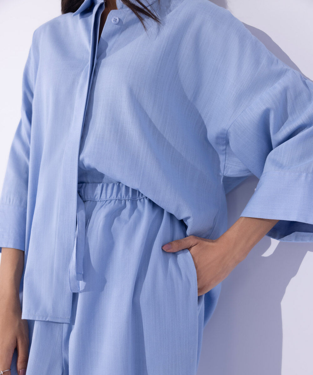 Women's Western Wear Blue Textured Pull On Trousers