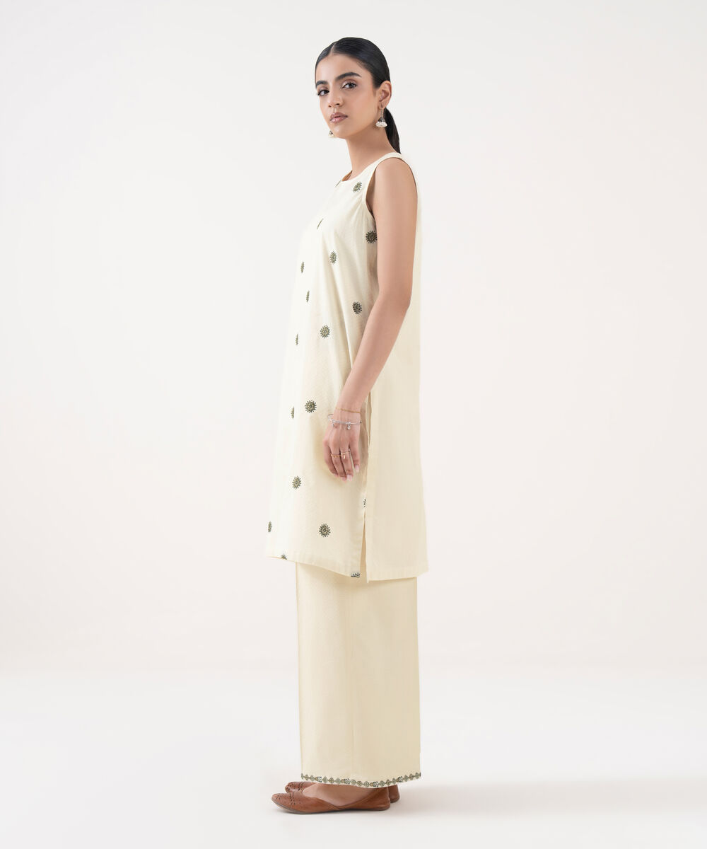 Women's RTW Textured Cotton White Embroidered A-Line Shirt