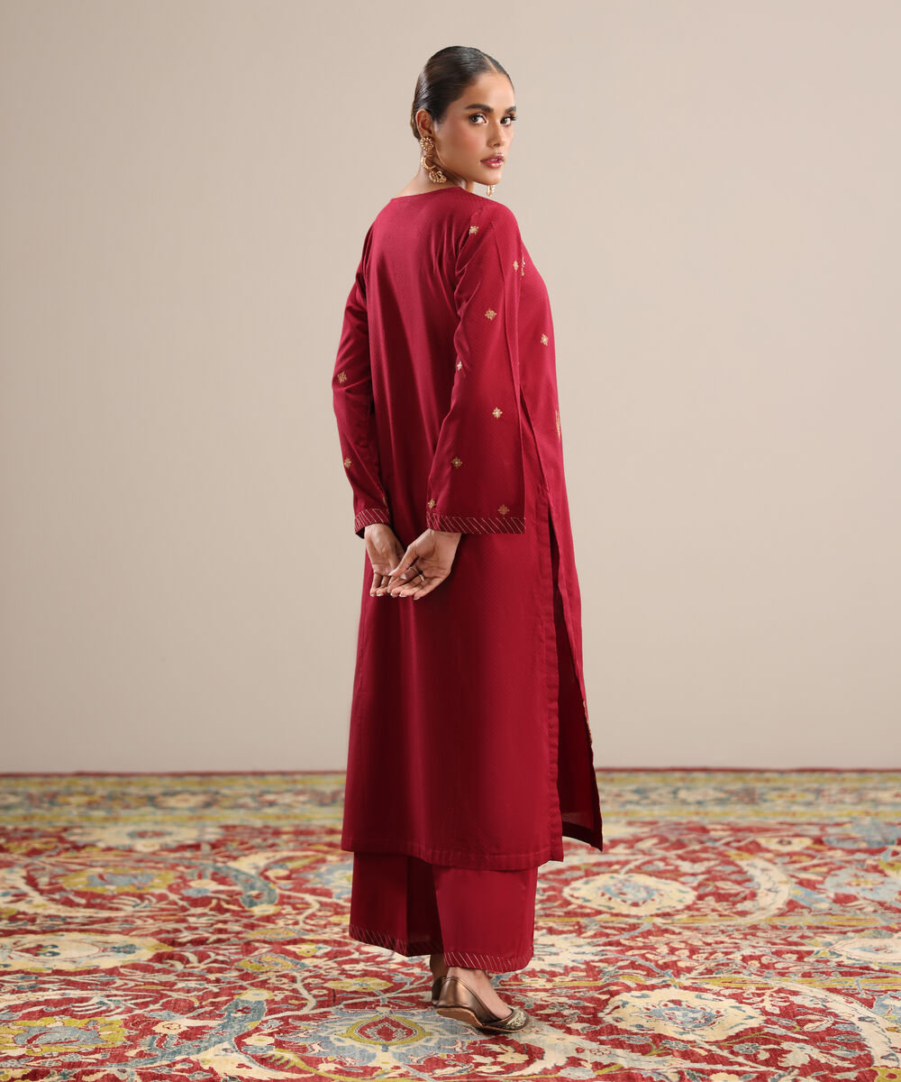 Women's RTW Textured Cotton Maroon Embroidered Straight Shirt