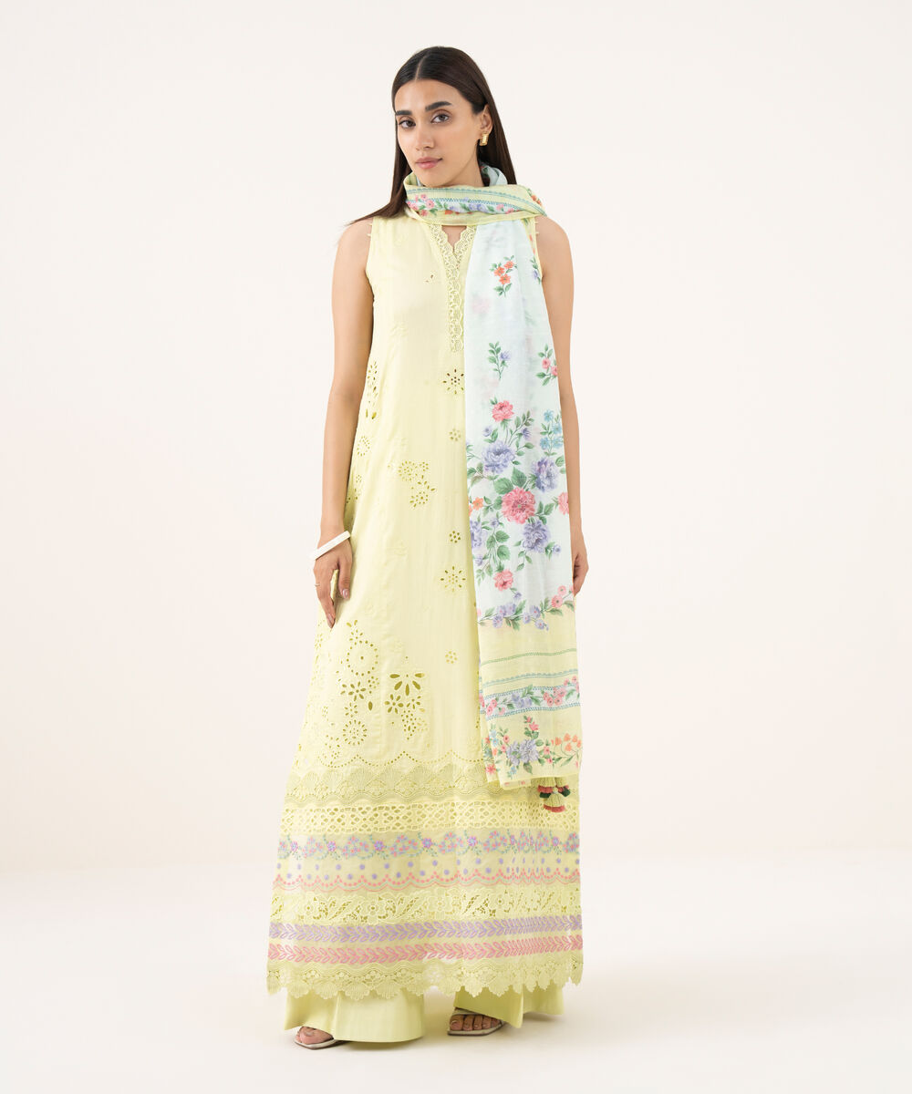 Women's Unstitched Fine Cotton Satin Embroidered Yellow 3 Piece Suit
