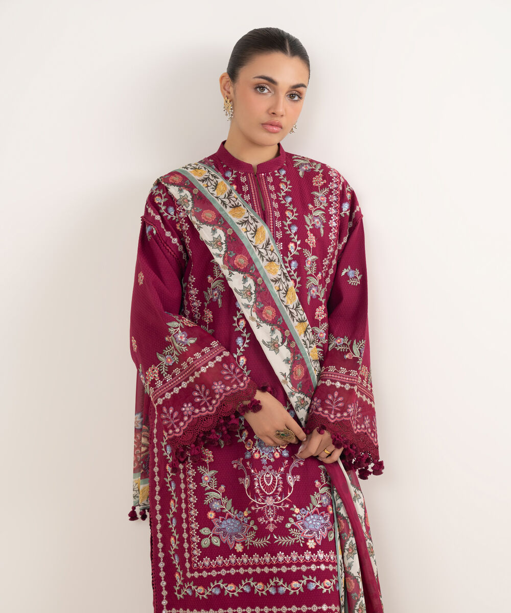 Women's Unstitched Dobby Embroidered Pink 3 Piece Suit