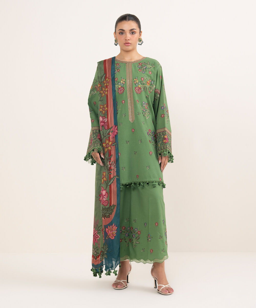 Women's Unstitched Dobby Embroidered Green 3 Piece Suit