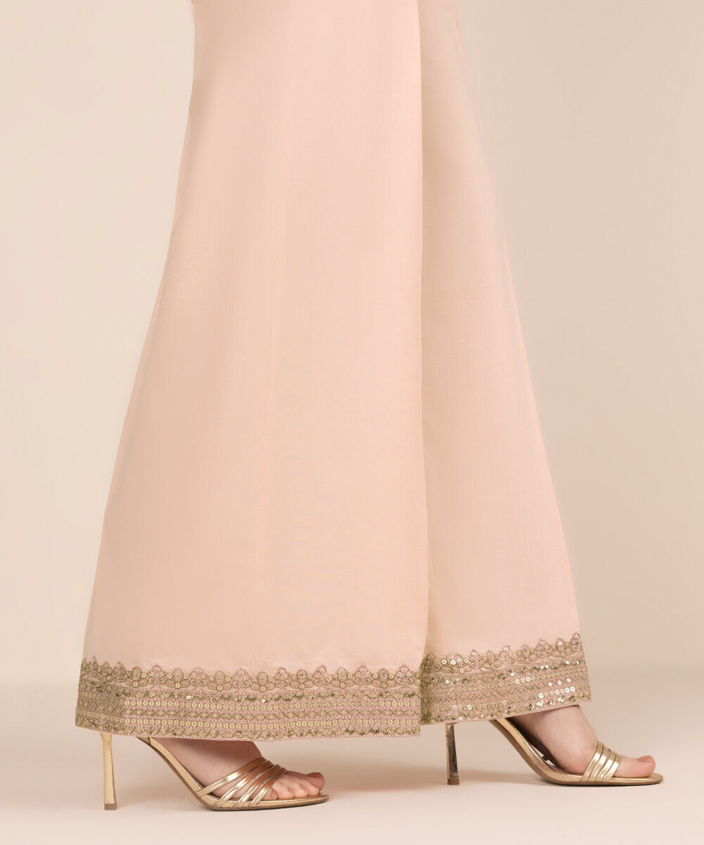 Women's RTW Cambric Pink Embroidered Flared Pants