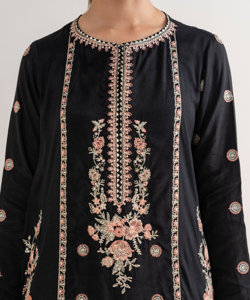 Women's RTW Viscose Raw Silk Black Embroidered Straight Shirt