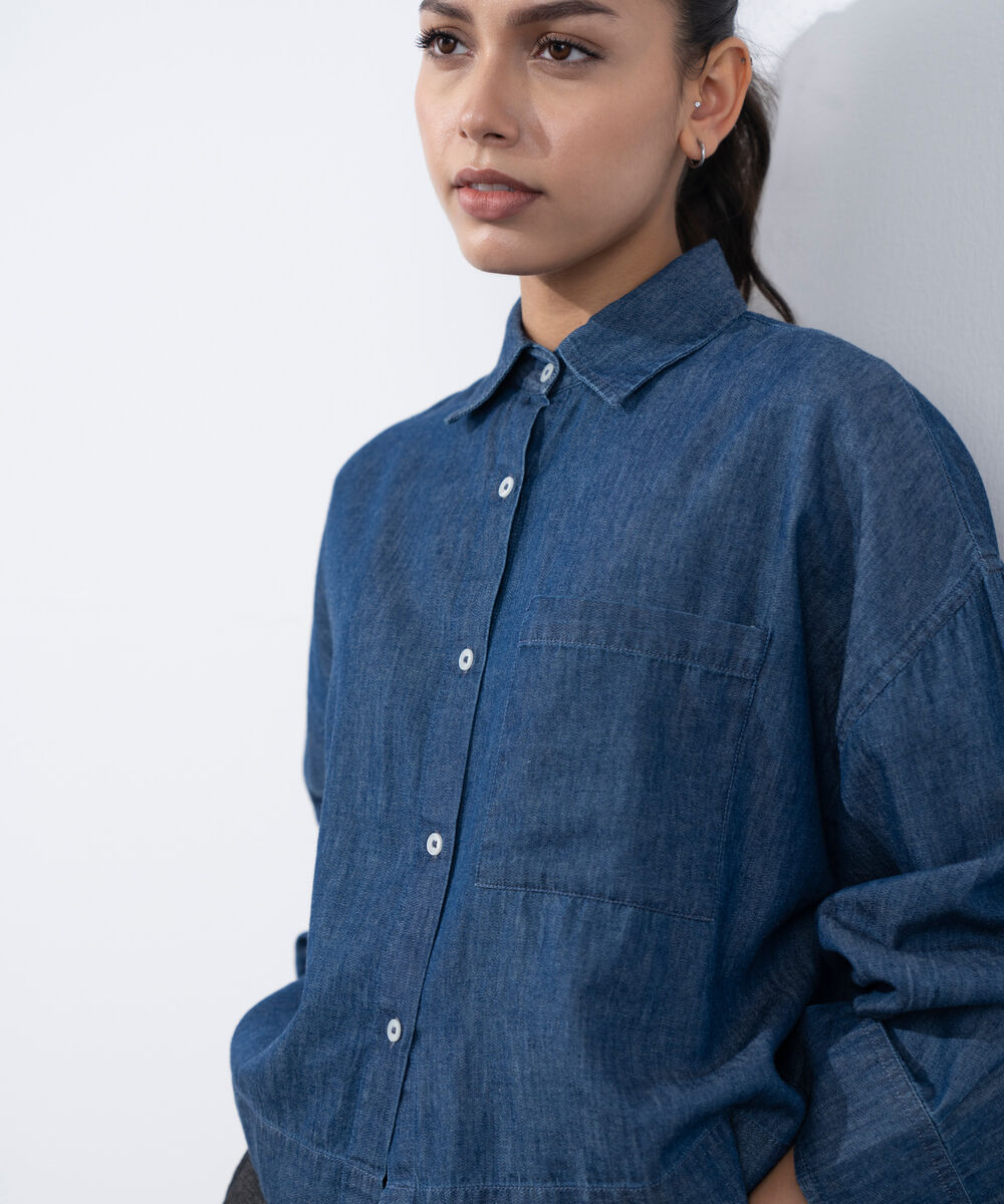 Women's Western Wear Blue Light Weight Denim Cropped Shirt