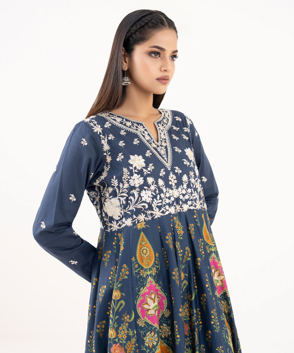 Women's RTW Lawn Viscose Blue Embroidered Pishwas