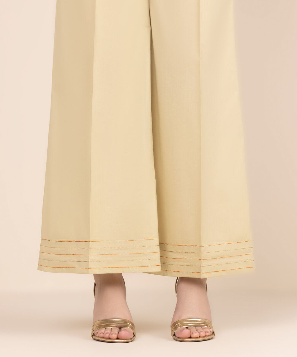 Women's RTW Cambric Beige Solid Flared Pants