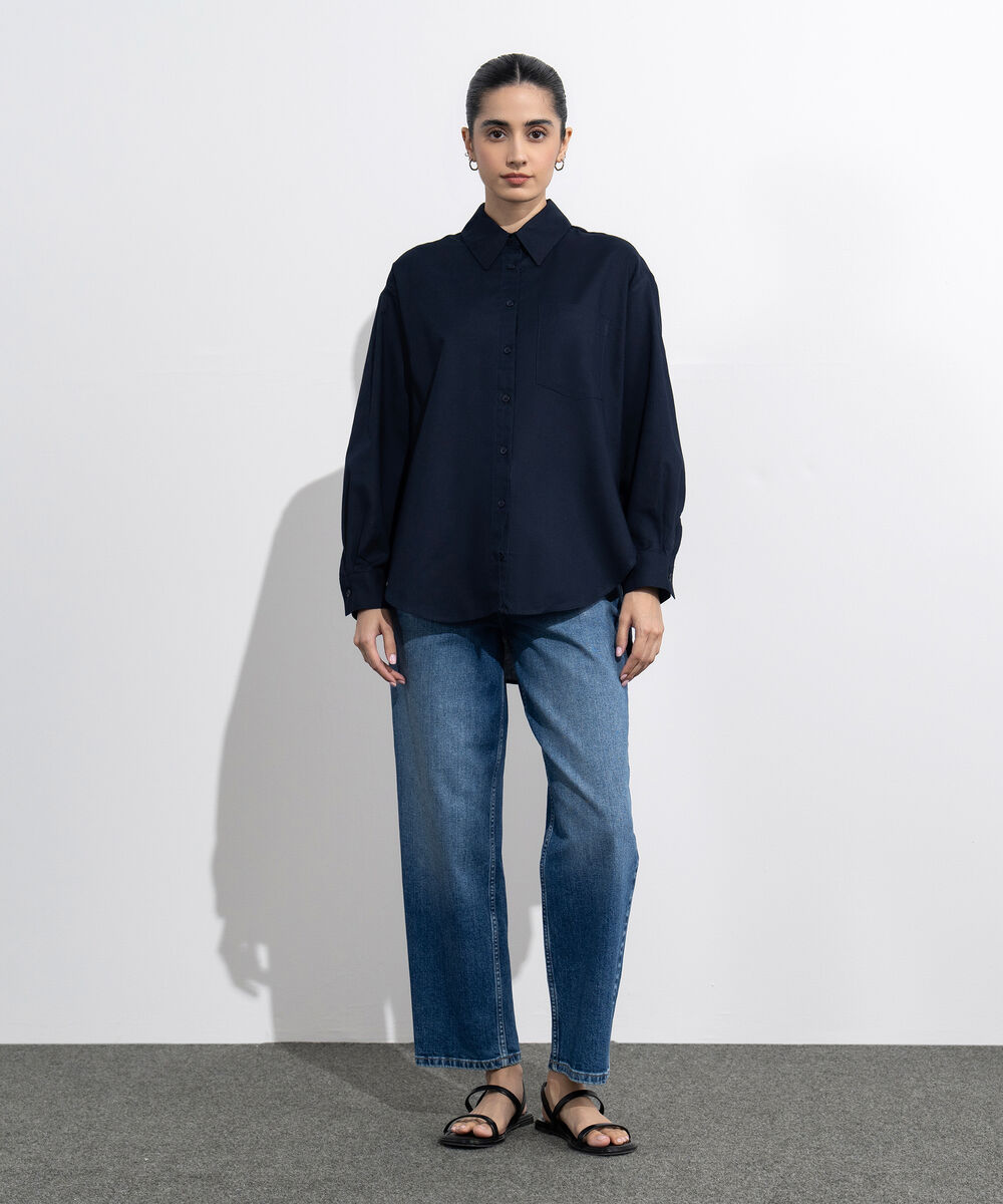 Women's Western Wear Black Loose-Fit Oxford Shirt