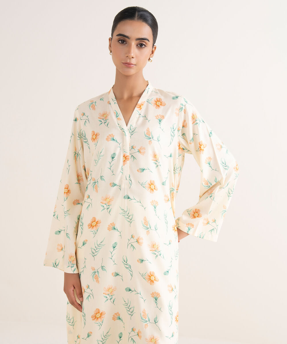 Women's RTW Arabic Lawn Yellow Printed Straight Shirt