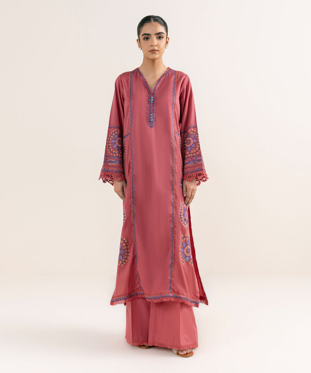 Women's RTW Cotton Satin Pink Embroidered A-Line Shirt