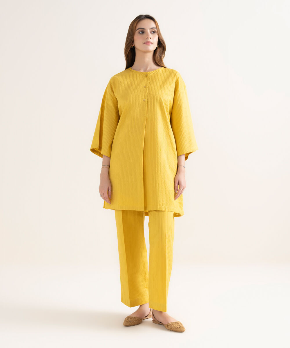 Women's RTW Handwoven Dobby Solid Straight Yellow Shirt