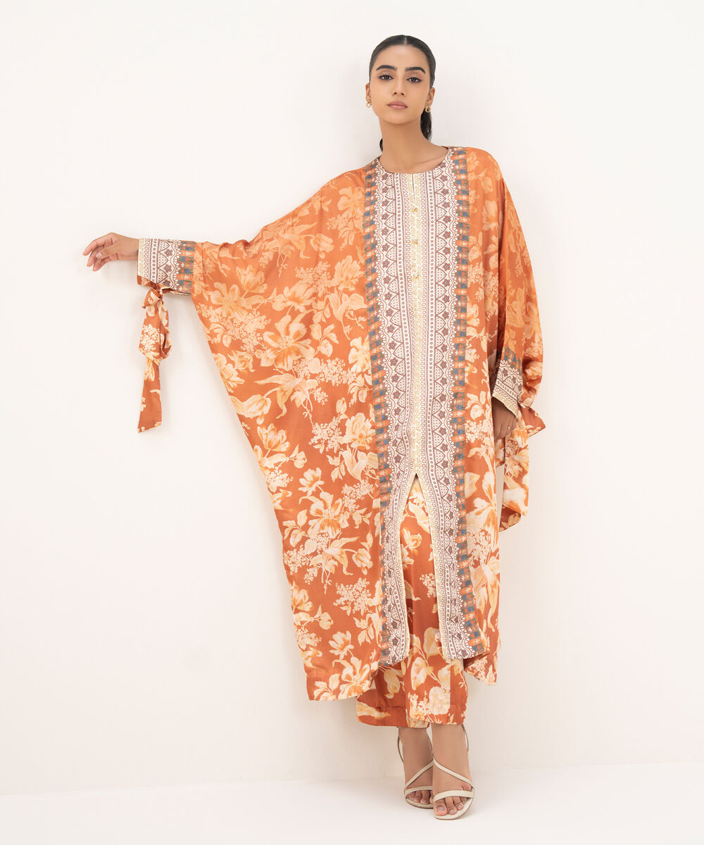 Women's RTW Blended Satin Brown Printed 2 Piece Suit