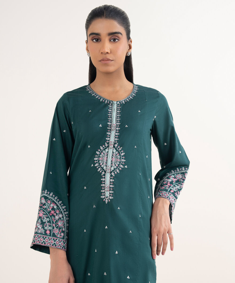 Women's RTW Cotton Viscose Embroidered Green A-Line Shirt