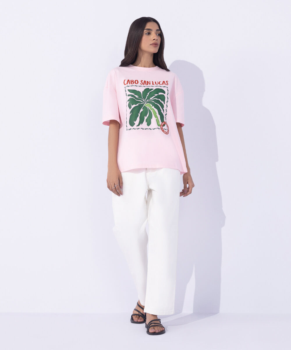 Women's Western Wear Pink Loose Fit Graphic T-Shirt