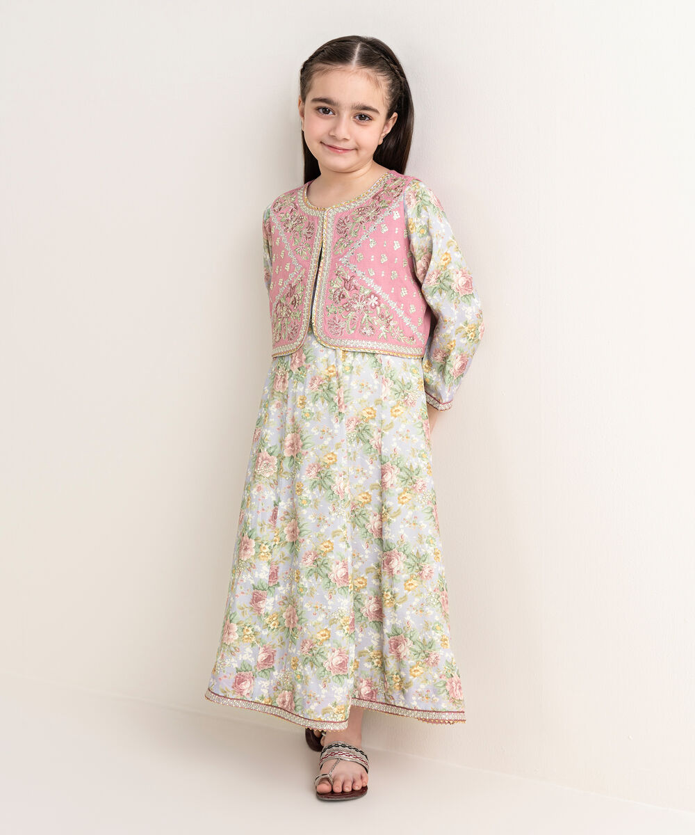 Girl's Viscose Raw Silk Multi Embroidered 2 Piece Suit