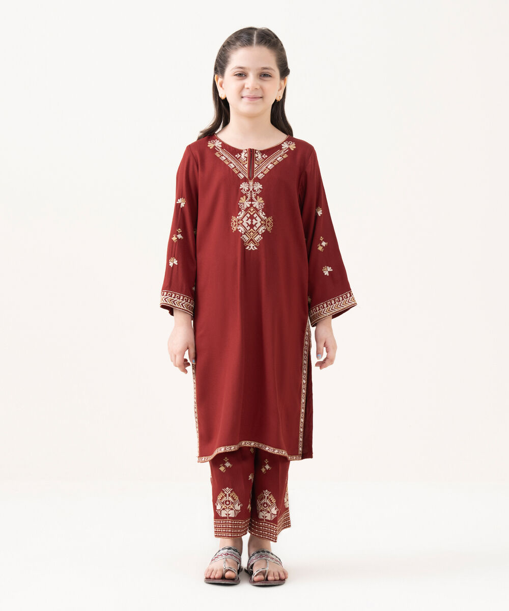 Girl's Bedford  Embroidered Maroon 2 Piece Suit