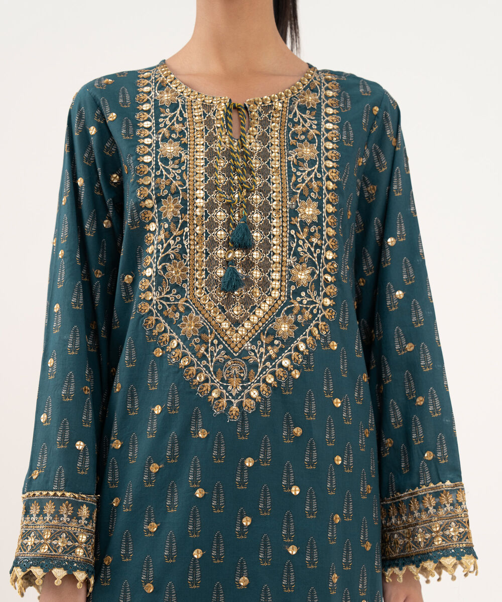 Women's RTW Textured Lawn Blue Embroidered A-Line Shirt