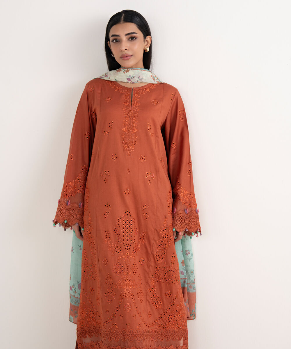 Women's Unstitched Fine Cotton Satin Embroidered Orange 3 Piece Suit
