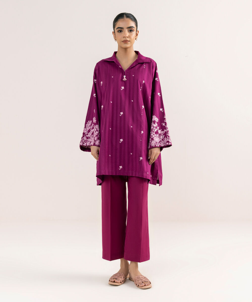 Women's RTW Textured Lawn Purple Embroidered Drop Shoulder Shirt