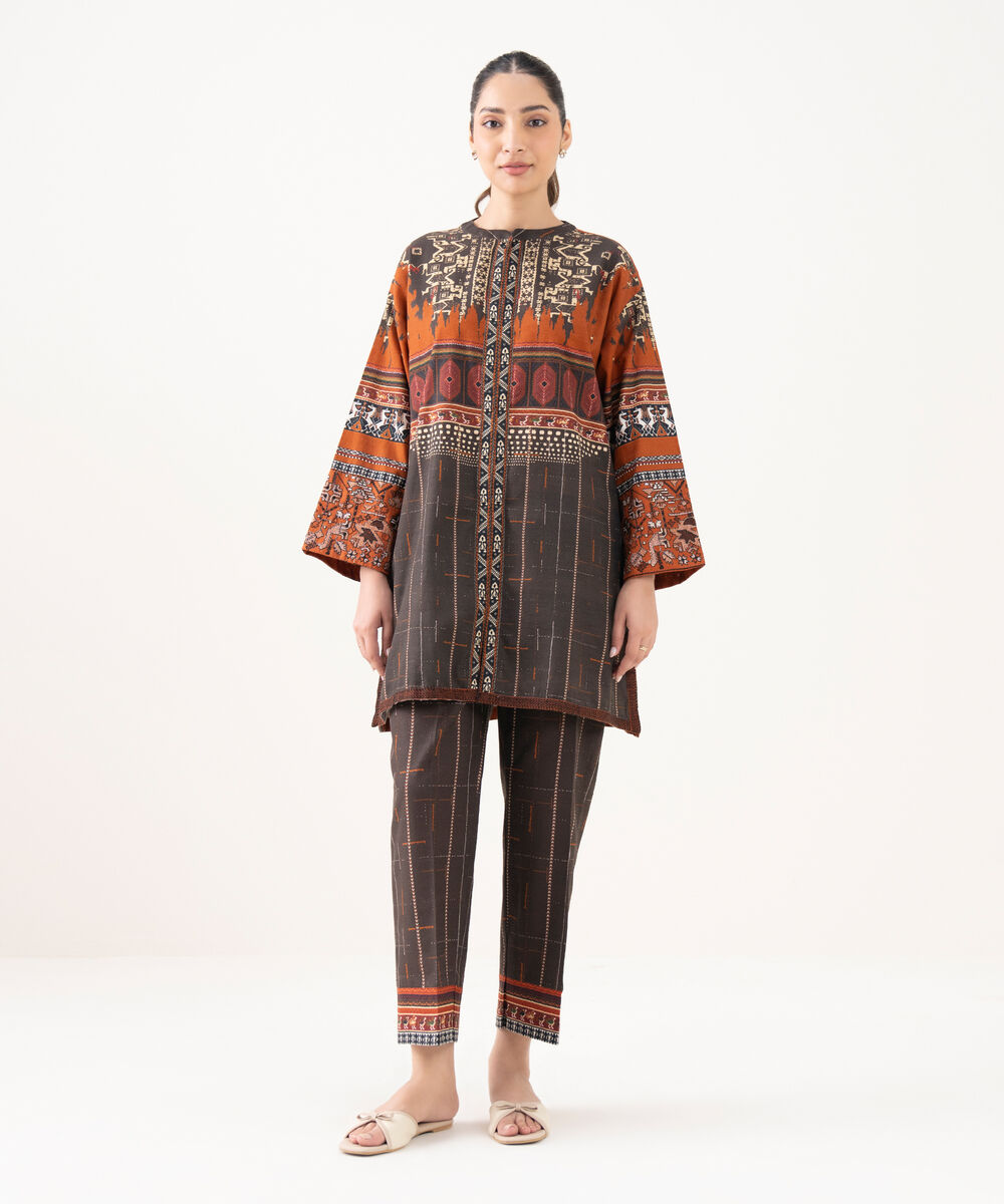 Women's RTW Cotton Embroidered Brown Drop Shoulder Shirt