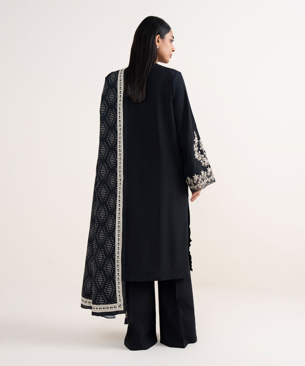 Women's Unstitched Linen Embroidered Black 3 Piece Suit