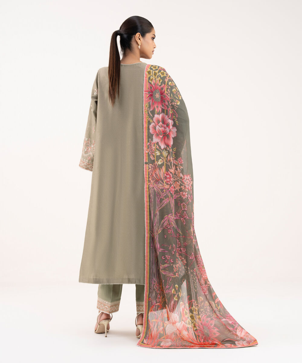 Women's RTW Silk Cotton Net Embroidered Green Three Piece Suit