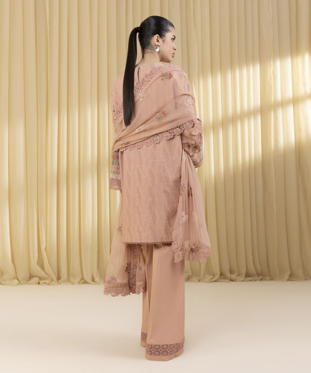 Unstitched Women's Pink Cotton Jacquard 3 Piece Suit