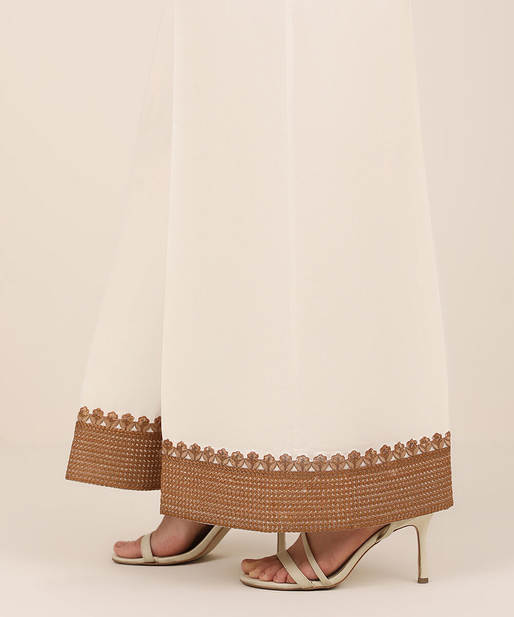 Women's RTW Cambric Beige Embroidered Flared Pants