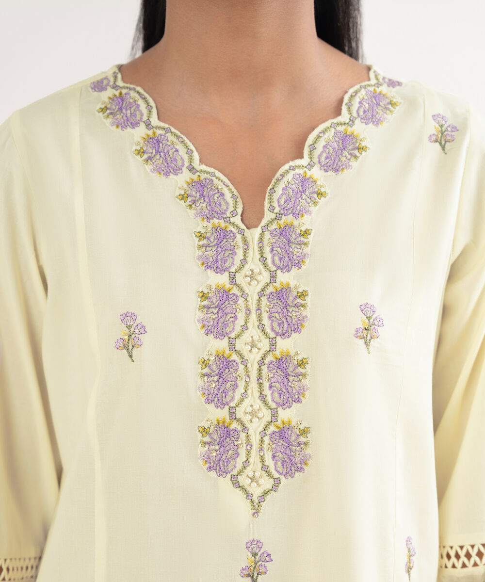 Women's RTW Cotton Viscose Embroidered Off White A-Line Shirt