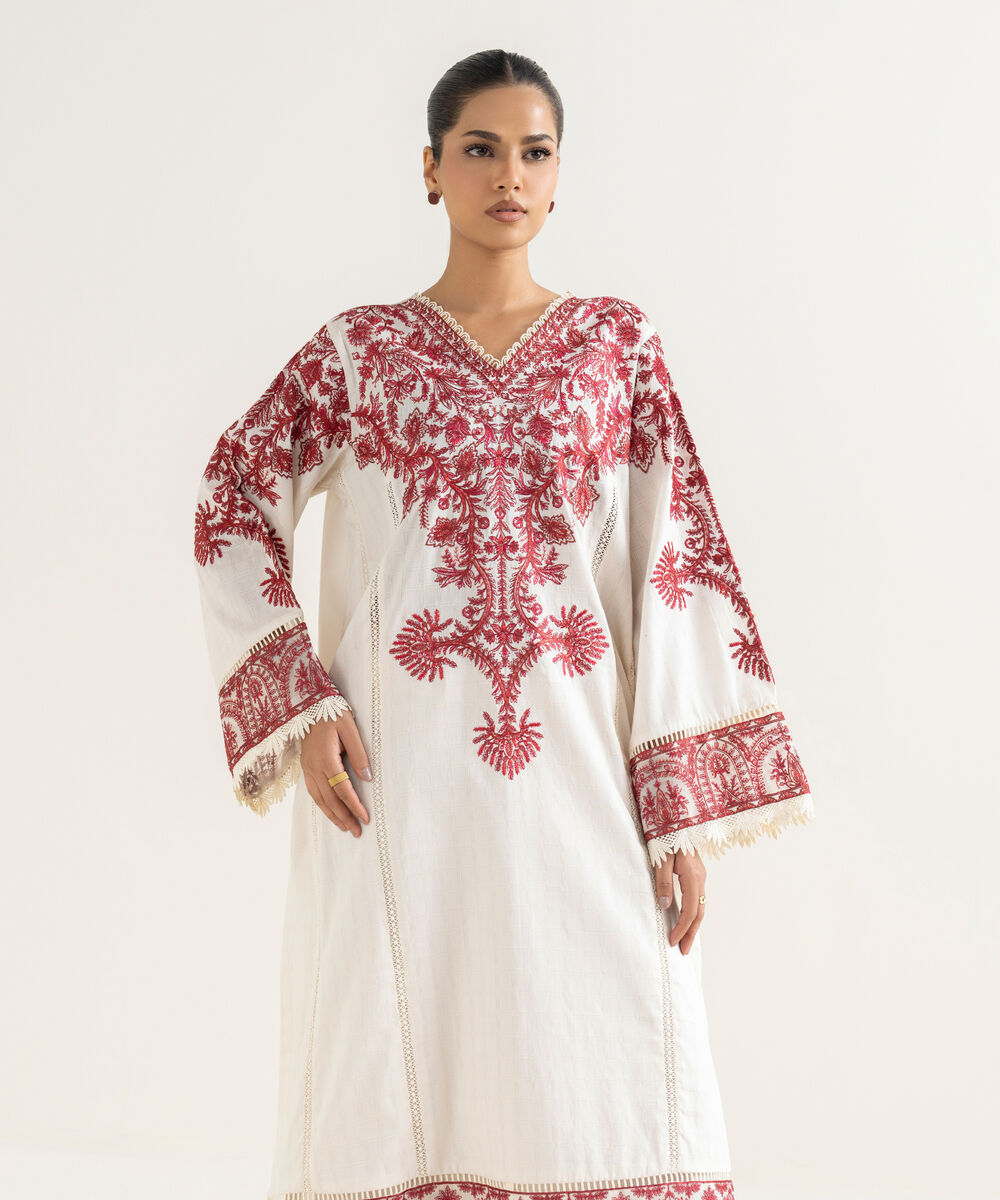 Women's RTW Textured Cotton Off White Embroidered A-Line Shirt