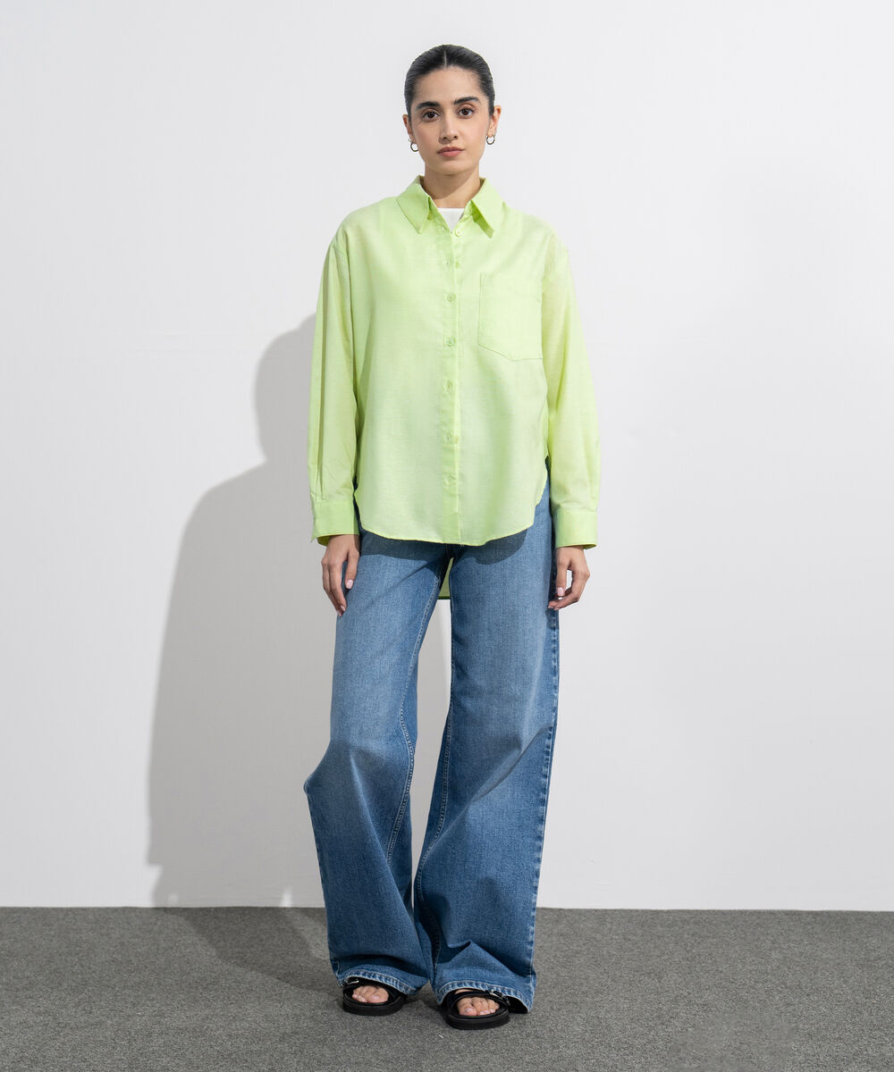 Women's Western Wear Lime Loose-Fit Oxford Shirt