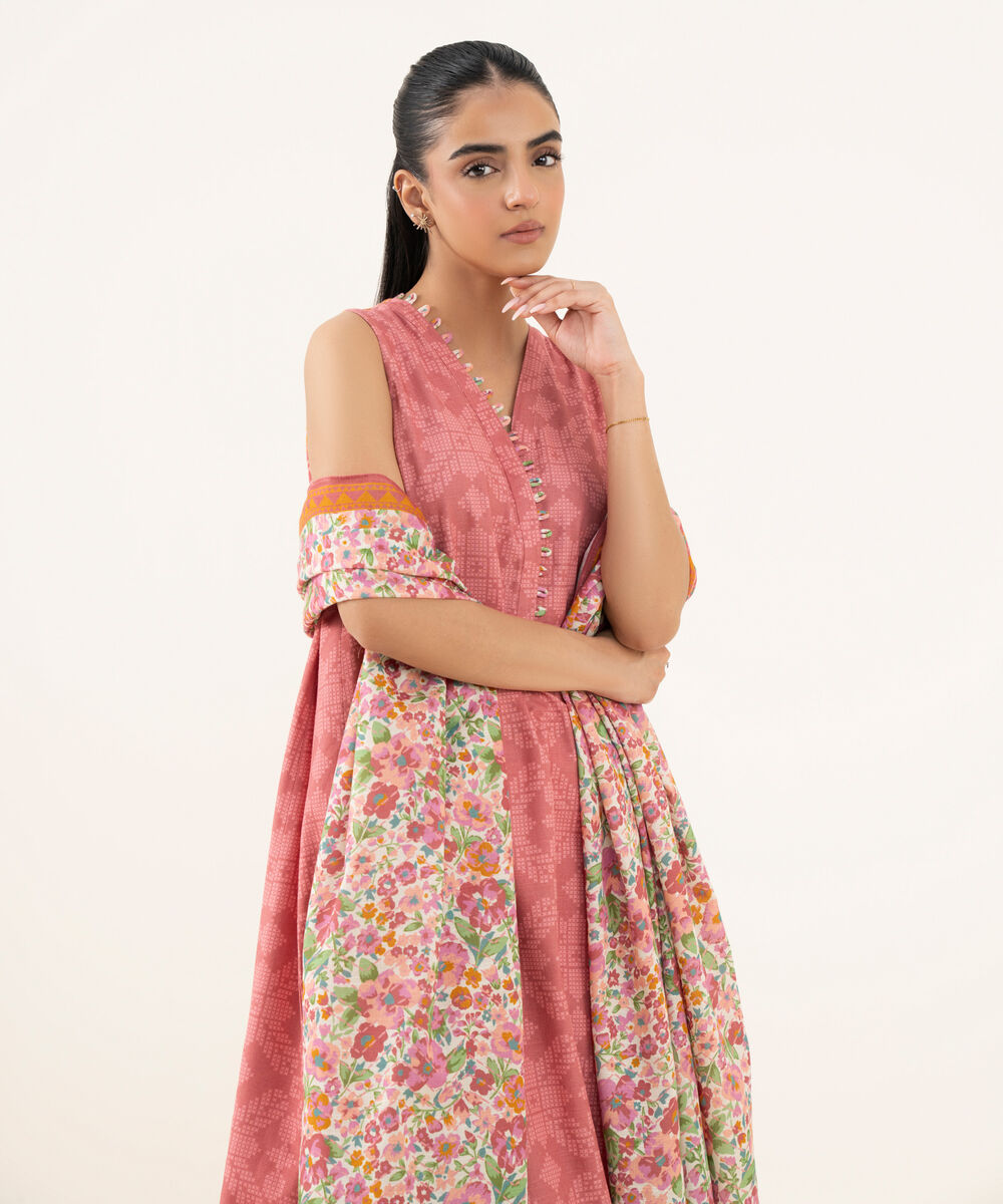 Women's Unstitched Light Khaddar Printed Pink Three Piece Suit