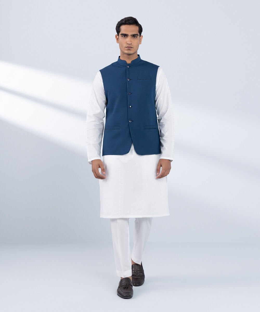 Men's Stitched Embroidered Blue Waistcoat