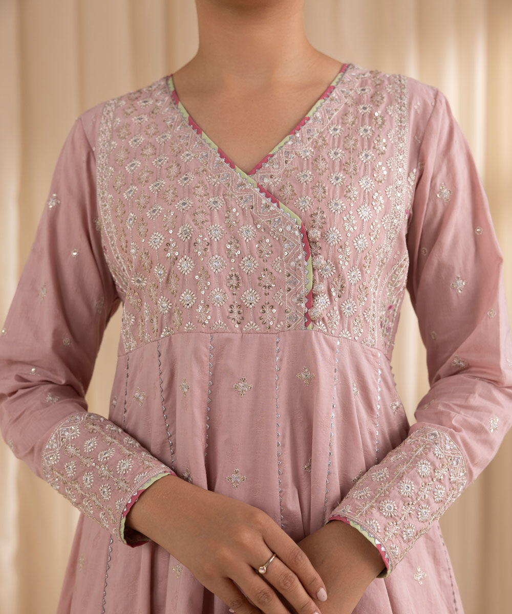 Women's RTW Cotton Jacquard Pink Embroidered Three Piece Suit