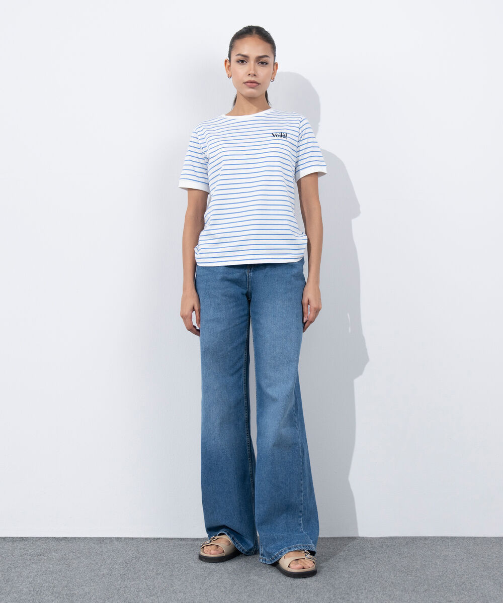 Women's Western Wear White Striped T-Shirt With Graphic Print