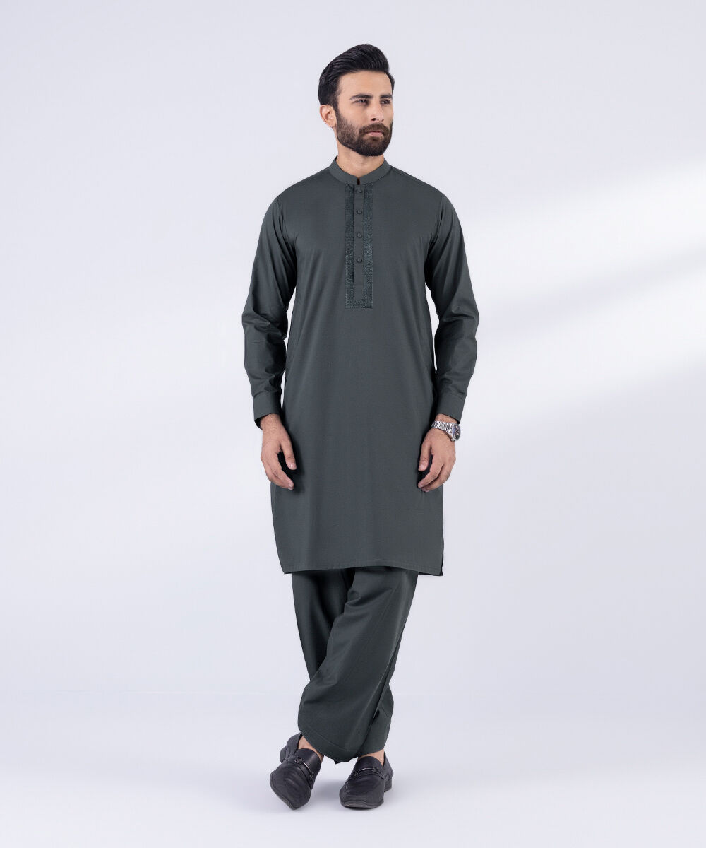 Men's 100% Cotton Stitched Embroidered Grey Stitched Suit