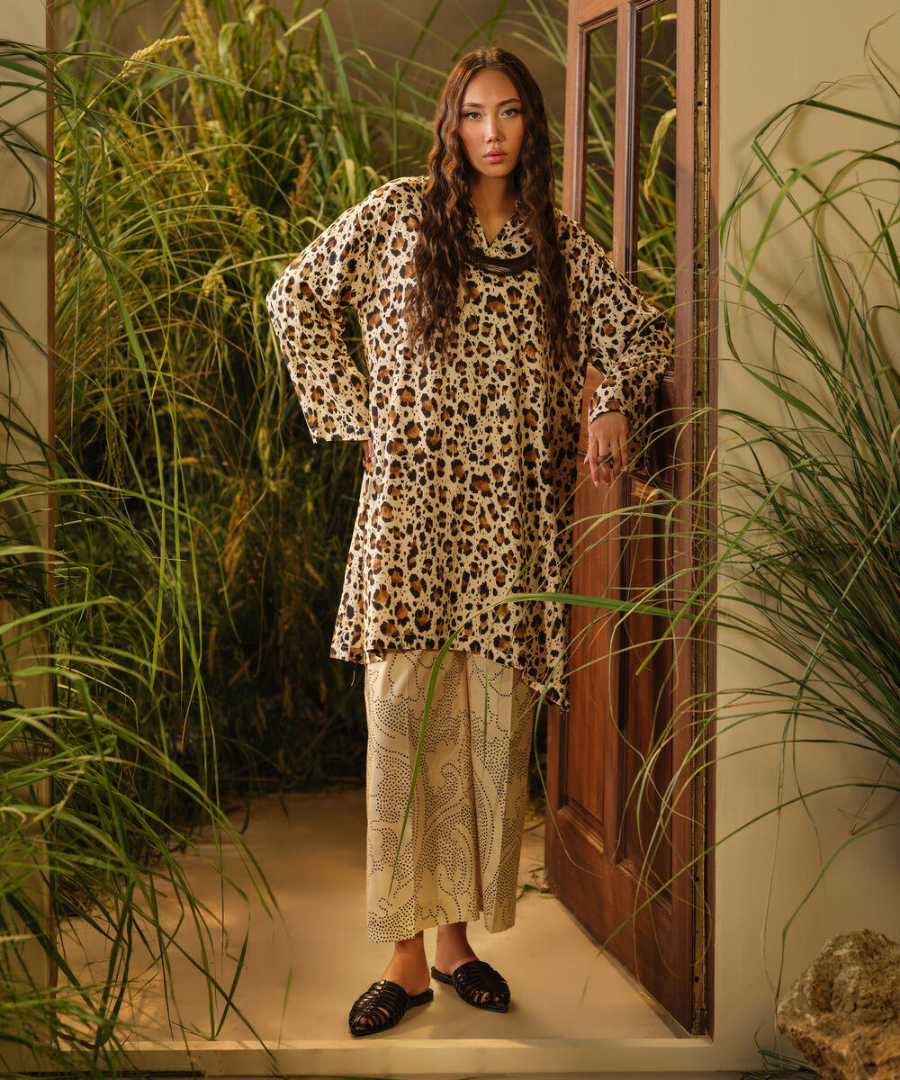 Women's RTW Arabic Lawn Off White Printed Drop Shoulder Shirt