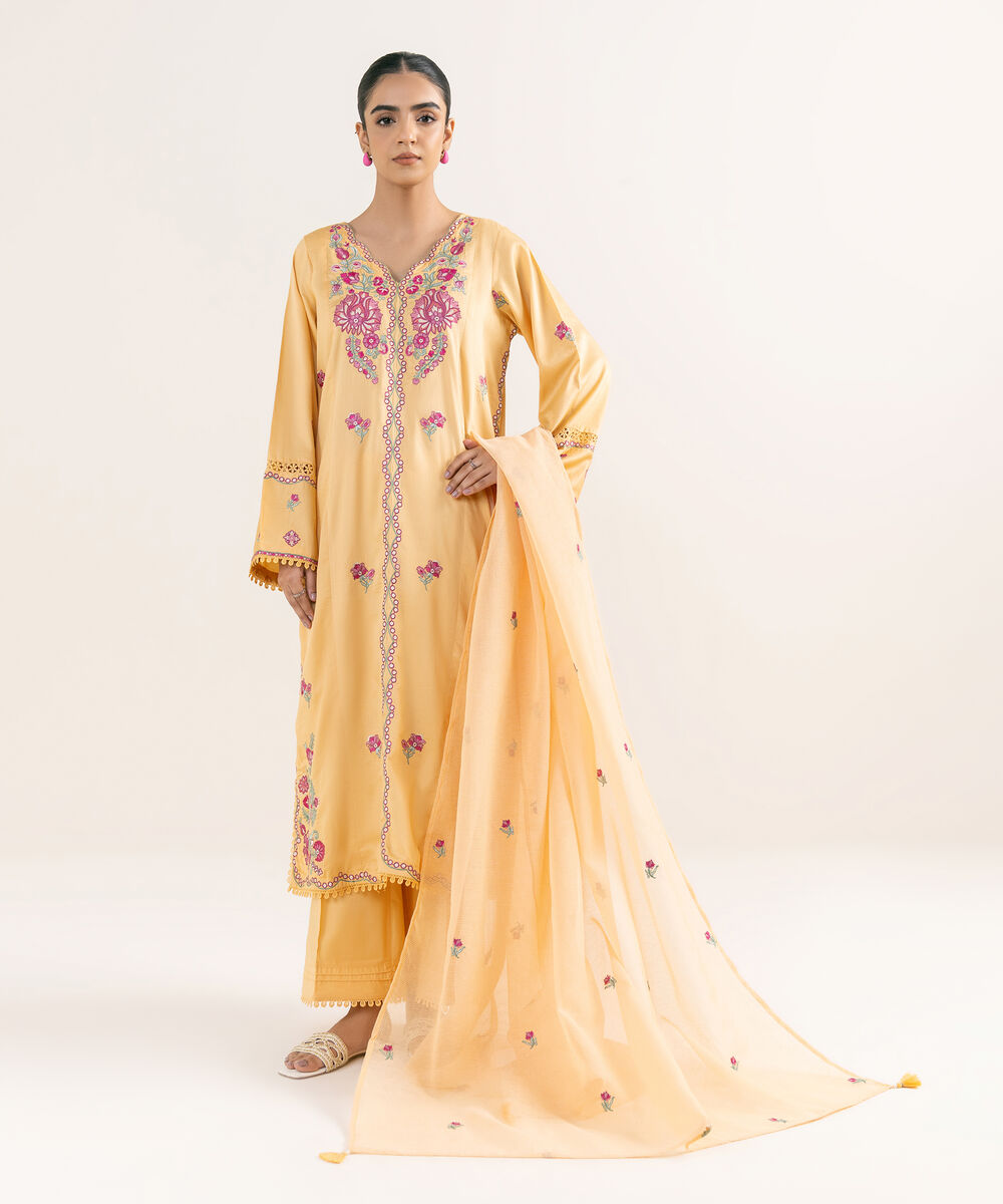 Blended Textured Karandi Orange Embroidered Dupatta