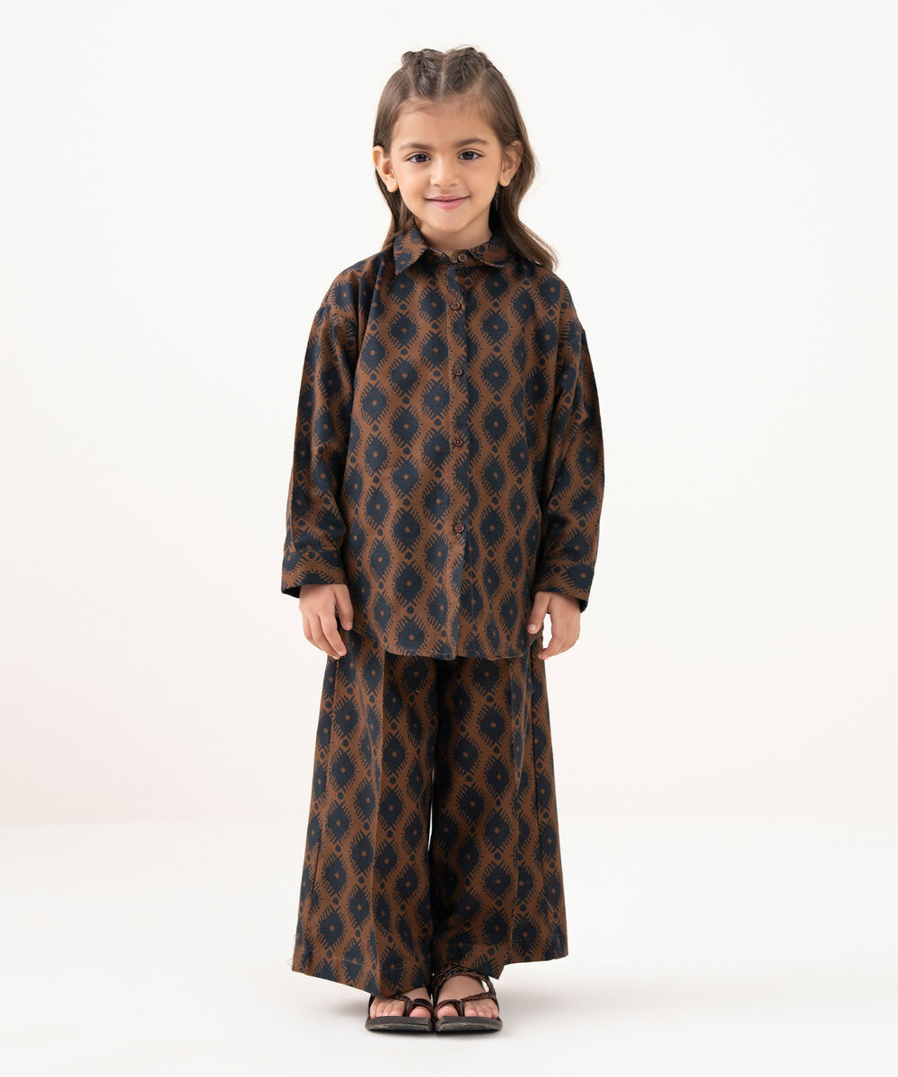 Girl's Light Khaddar Printed Brown 2 Piece Suit