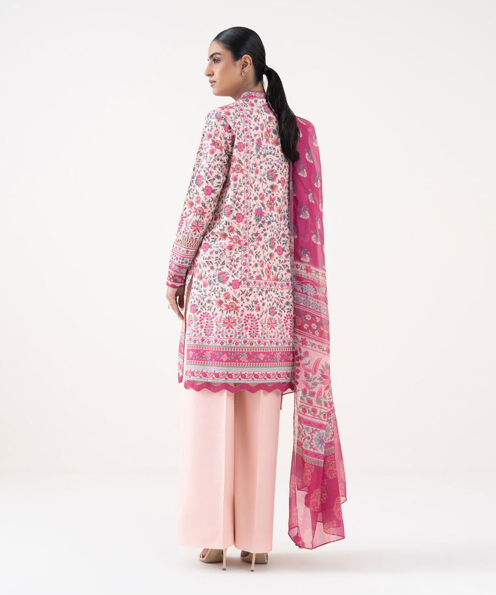 Women's Unstitched Cotton Printed Pink 3 Piece Suit