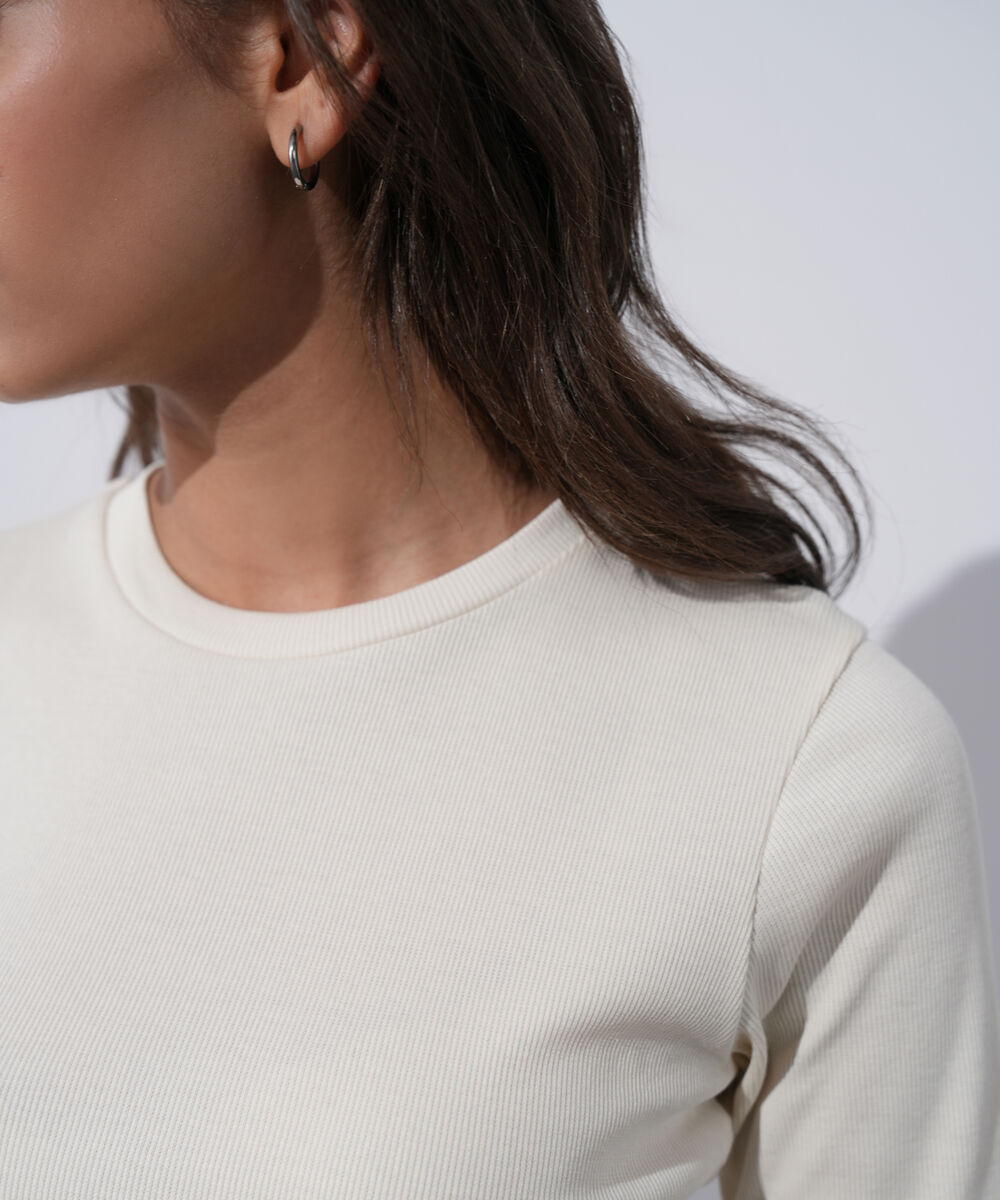 Women's Western Wear Ivory Slim-Fit Ribbed T-Shirt